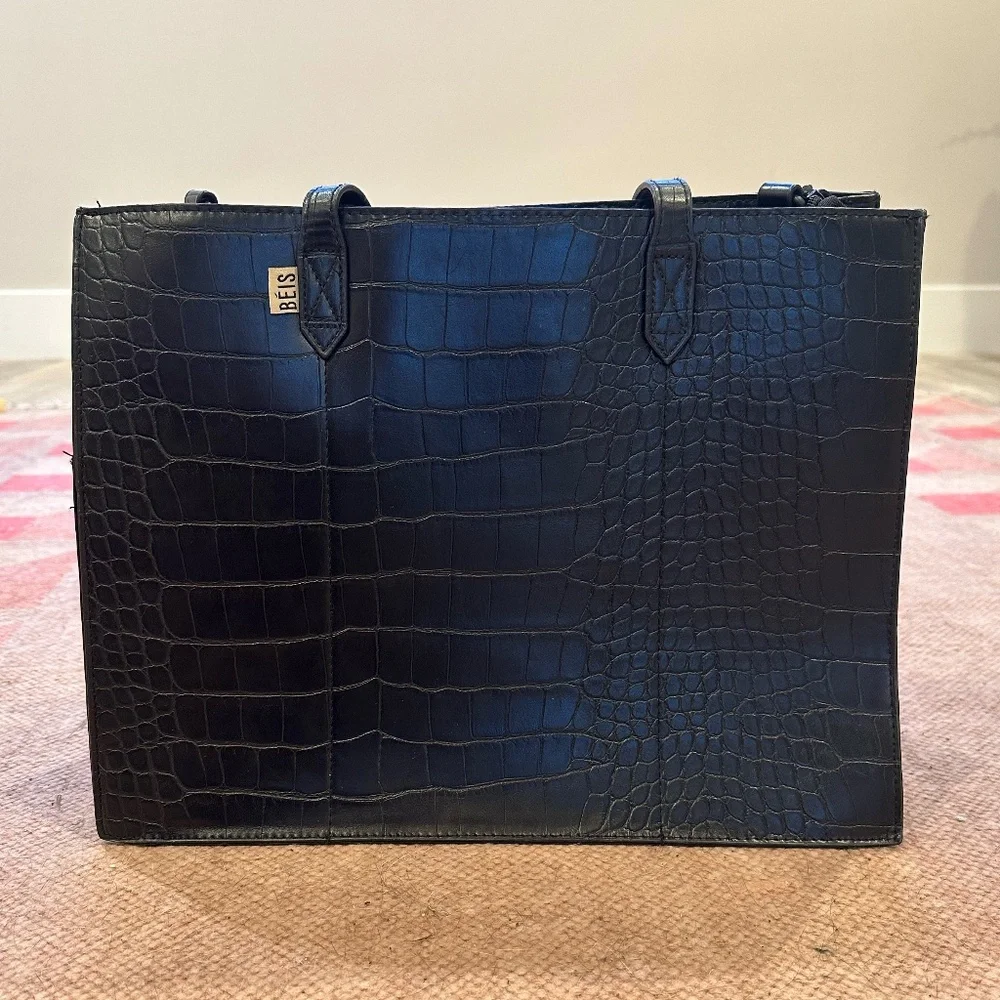BEIS Black Croc-Embossed Tote Bag